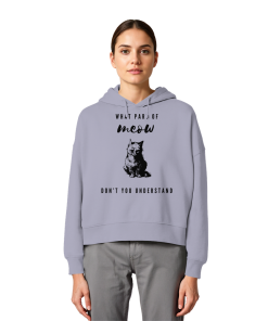 Model trägt lila Katzen Hoodie Damen mit Statement Spruch und Katzenprint