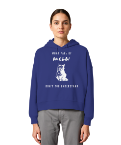 Model trägt blauen Katzen Hoodie Damen mit lustigem Katzenprint und Meow Spruch