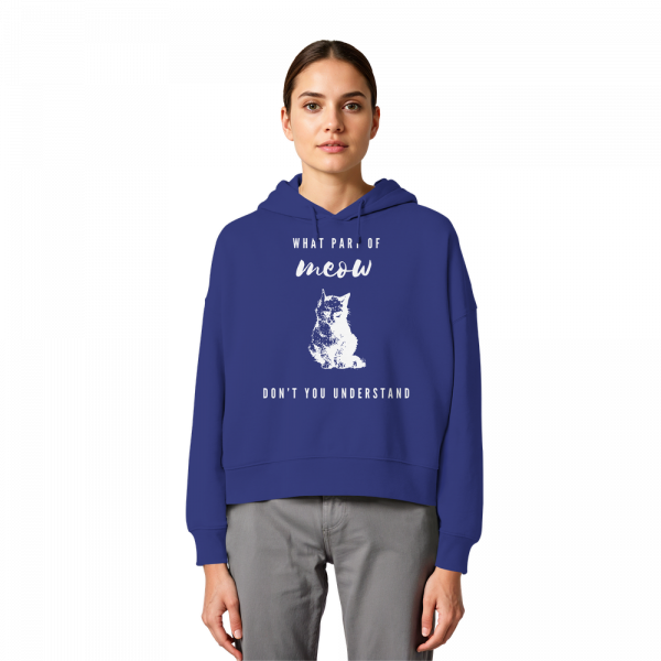 Model trägt blauen Katzen Hoodie Damen mit lustigem Katzenprint und Meow Spruch