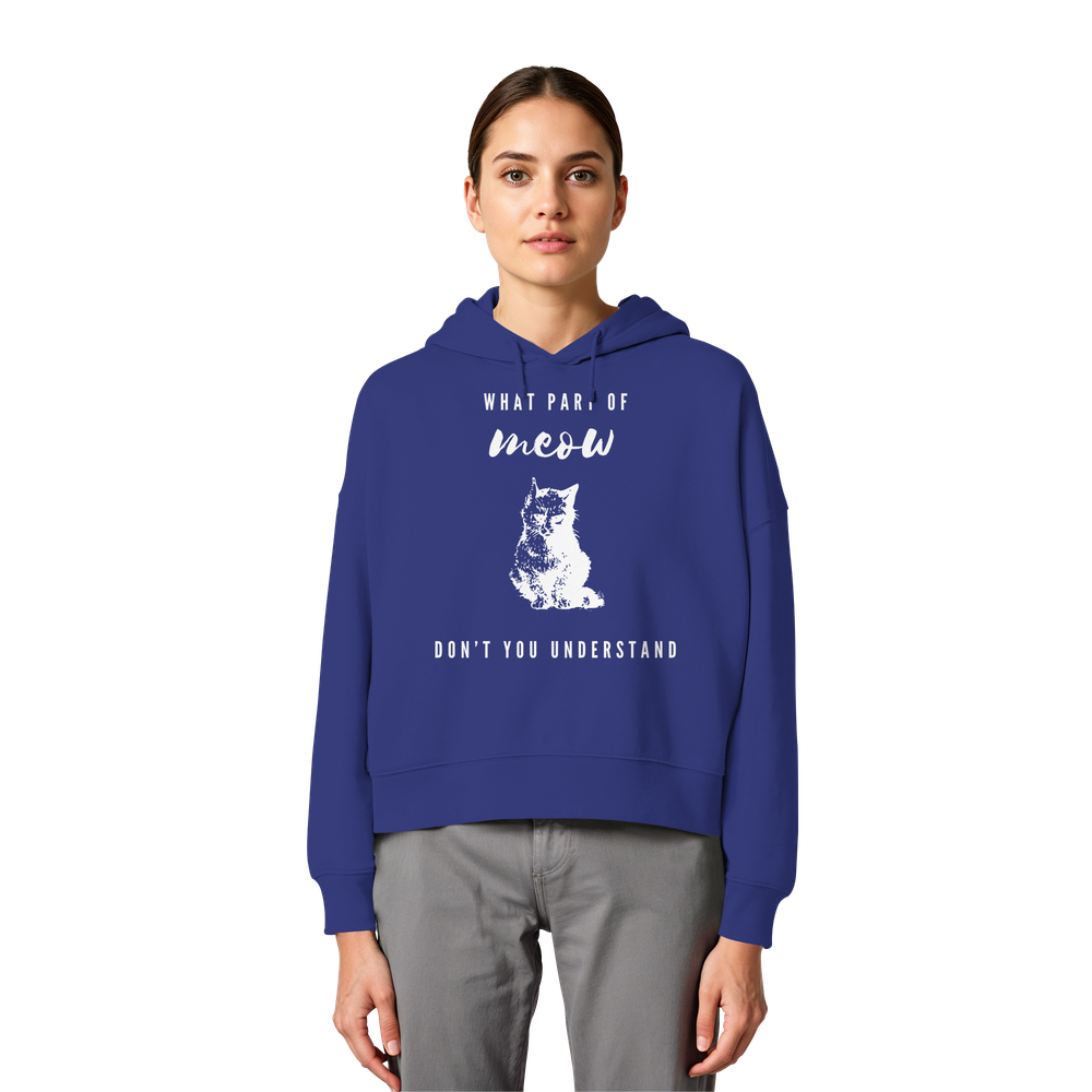 Model trägt blauen Katzen Hoodie Damen mit lustigem Katzenprint und Meow Spruch