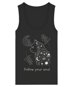 Schwarzes Katzen Tank Top Damen mit spirituellem Follow Your Soul Motiv