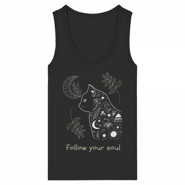 Schwarzes Katzen Tank Top Damen mit spirituellem Follow Your Soul Motiv