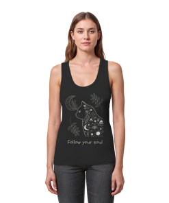 Frau trägt schwarzes Katzen Tank Top mit spirituellem Katzenmotiv