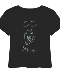 Schwarzes Cat Mom Damen Shirt mit stilvollem Katzenmotiv in Light Azur