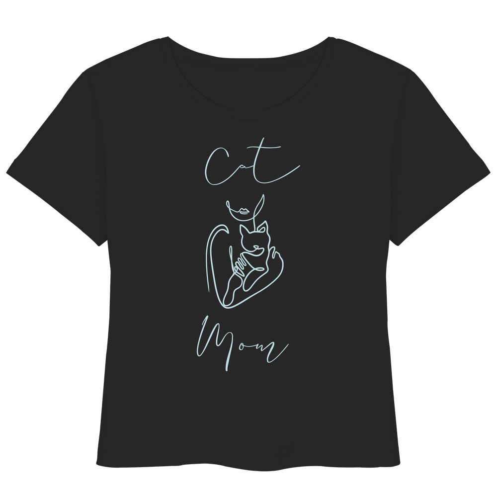 Schwarzes Cat Mom Damen Shirt mit stilvollem Katzenmotiv in Light Azur