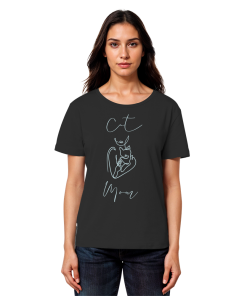 Dame trägt schwarzes Cat Mom Damen Shirt mit modernem Katzenmotiv und Schriftzug Cat Mom