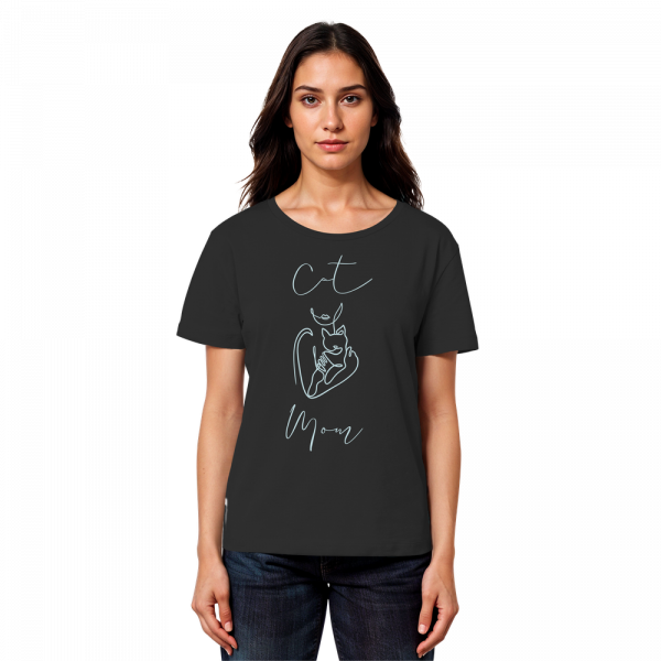 Dame trägt schwarzes Cat Mom Damen Shirt mit modernem Katzenmotiv und Schriftzug Cat Mom