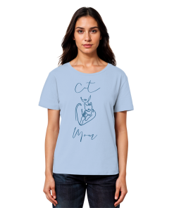 Model trägt hellblaues Cat Mom Damen Bio T-Shirt mit Katzenmotiv