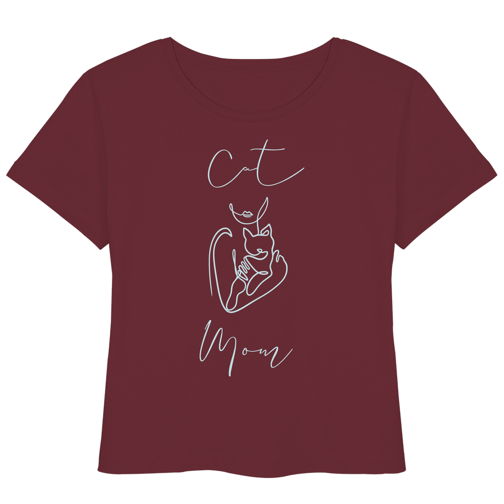 Cat Mom Damen Shirt in Burgundy mit minimalistischem Katzenmotiv in Light Azur von LEODIN Design
