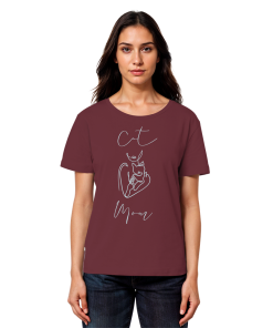 Model trägt burgundyfarbenes Cat Mom Damen Shirt mit minimalistischem Katzenmotiv in Light Azur von LEODIN Design