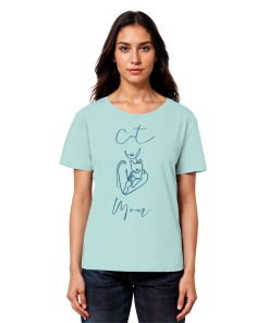 Model trägt türkises Cat Mom Damen T-Shirt mit minimalistischem Katzenprint