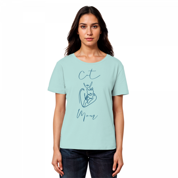 Model trägt türkises Cat Mom Damen T-Shirt mit minimalistischem Katzenprint