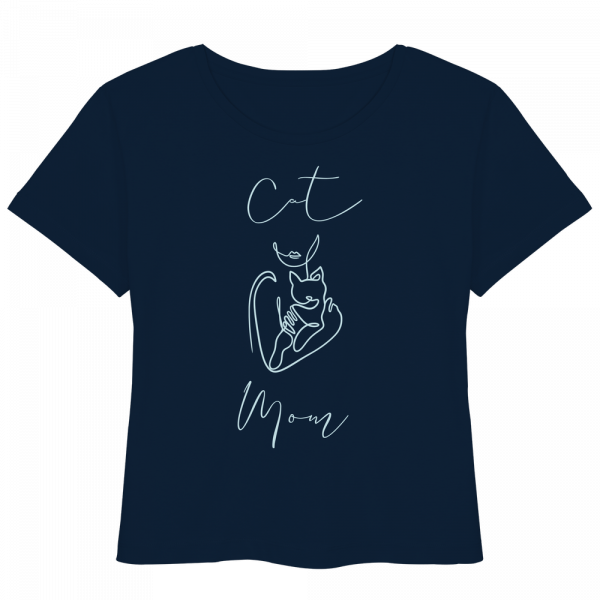 Dunkelblaues Cat Mom Damen Shirt mit stilvollem Katzenmotiv wird von Model getragen