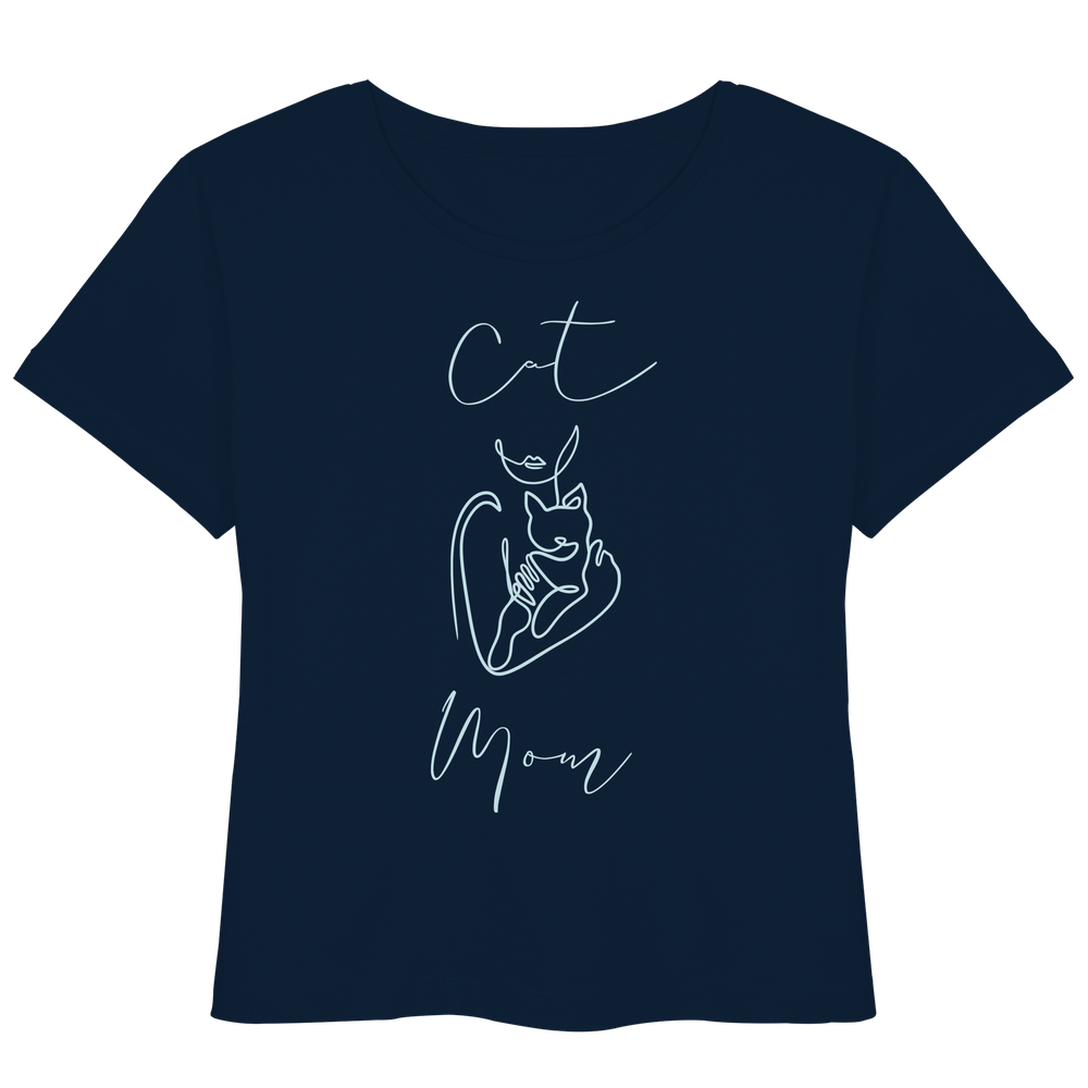 Dunkelblaues Cat Mom Damen Shirt mit stilvollem Katzenmotiv wird von Model getragen