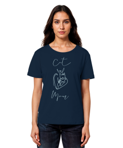Dunkelblaues Cat Mom Damen Shirt mit stilvollem Katzenmotiv wird von Model getragen