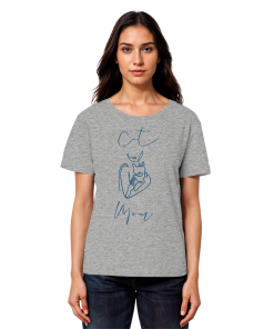 Model trägt hellgraues Cat Mom Damen T-Shirt aus Bio-Baumwolle mit Katzenmotiv