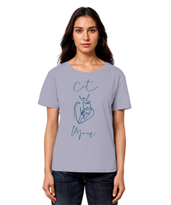 Model trägt lavendelfarbenes Cat Mom Damen T-Shirt mit minimalistischem Katzenprint