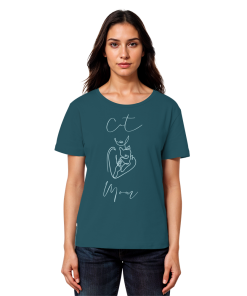 Model trägt petrolblaues Damen Shirt mit Cat Mom Katzenmotiv in minimalistischer Linienzeichnung