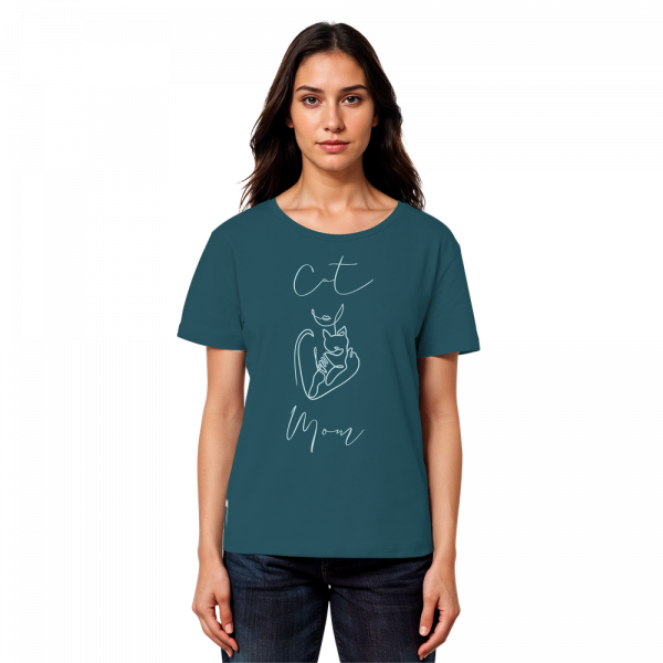 Model trägt petrolblaues Damen Shirt mit Cat Mom Katzenmotiv in minimalistischer Linienzeichnung