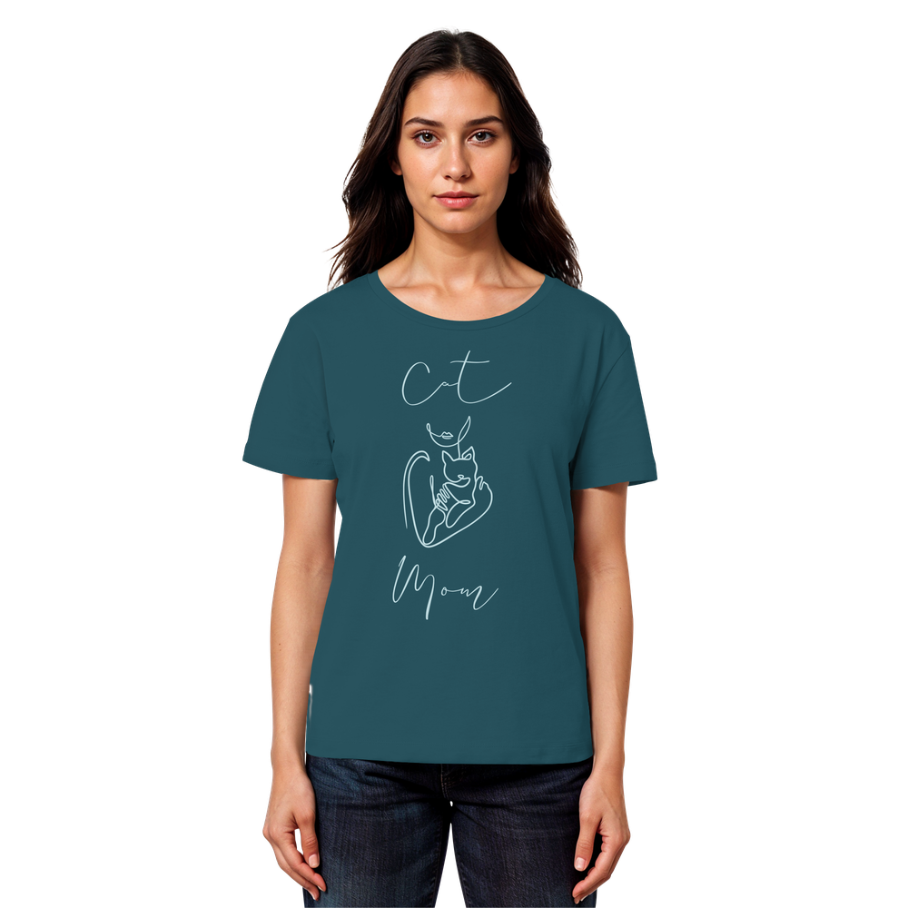 Model trägt petrolblaues Damen Shirt mit Cat Mom Katzenmotiv in minimalistischer Linienzeichnung