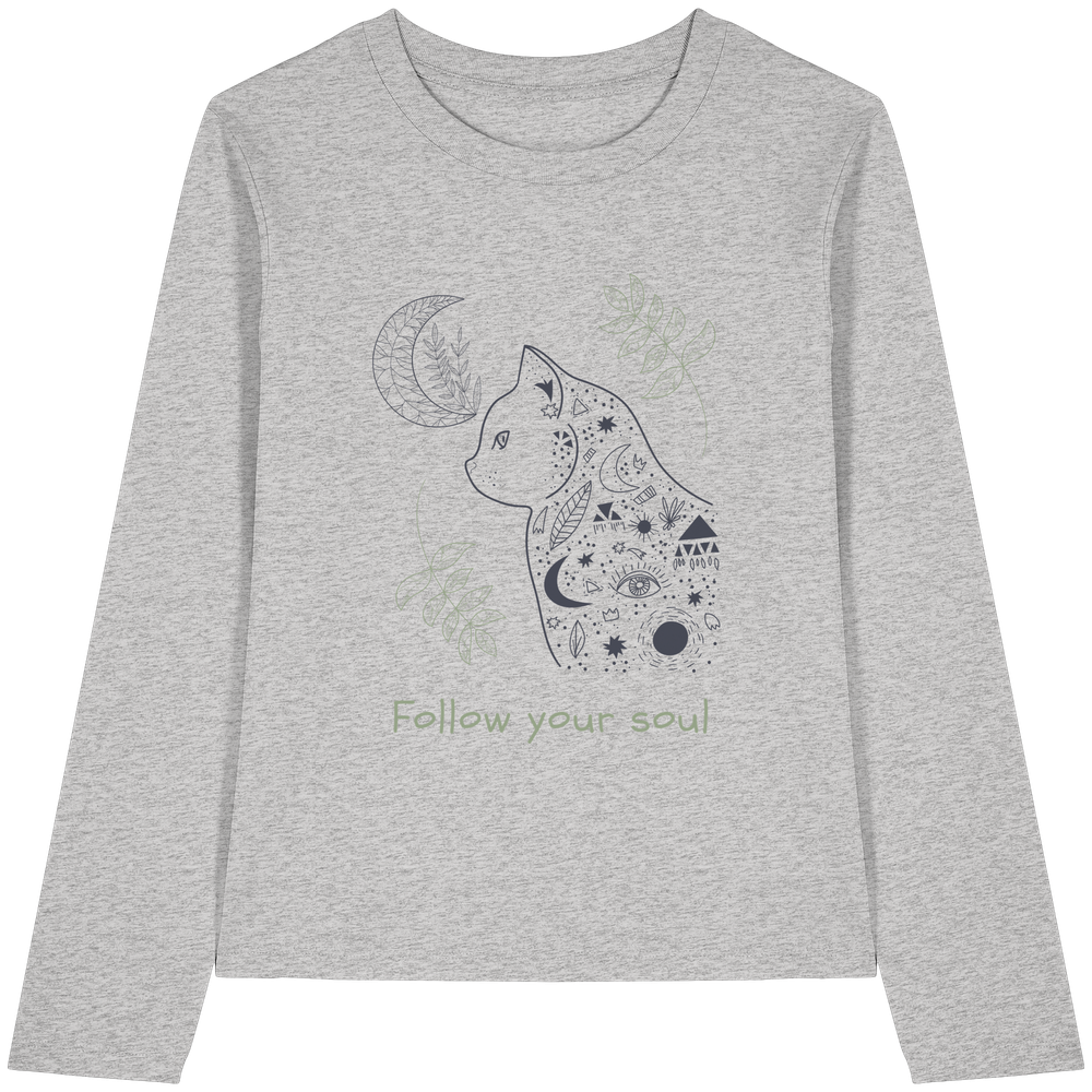 Graues Katzen Longsleeve Damen mit spirituellem Design und Katze