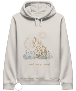 Vintage weißer Katzen Hoodie mit spirituellem Katzenmotiv und Schriftzug