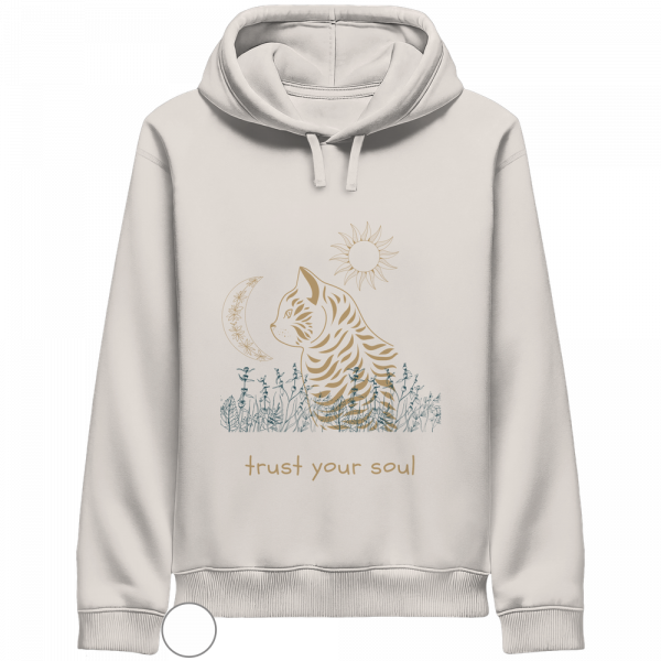 Vintage weißer Katzen Hoodie mit spirituellem Katzenmotiv und Schriftzug