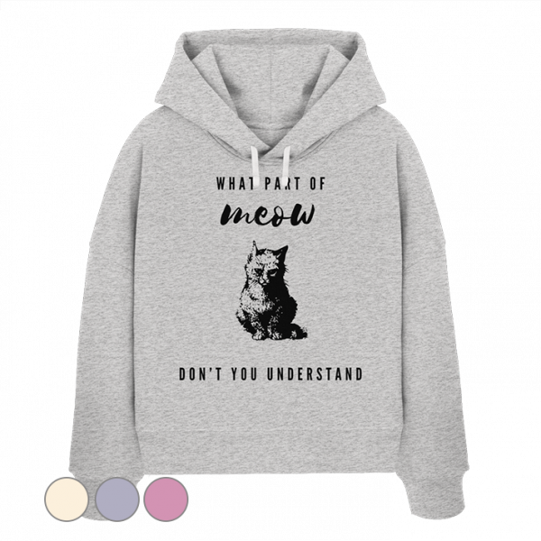 Grauer Katzen Hoodie Damen mit lustigem Meow Spruch und Katzenmotiv von LEODIN Design