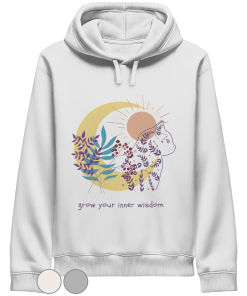 Weißer Katzen Hoodie Damen mit spirituellem Katzenmotiv und grow your inner wisdom Schriftzug