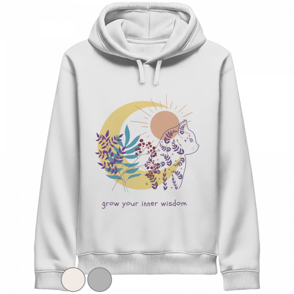 Weißer Katzen Hoodie Damen mit spirituellem Katzenmotiv und grow your inner wisdom Schriftzug