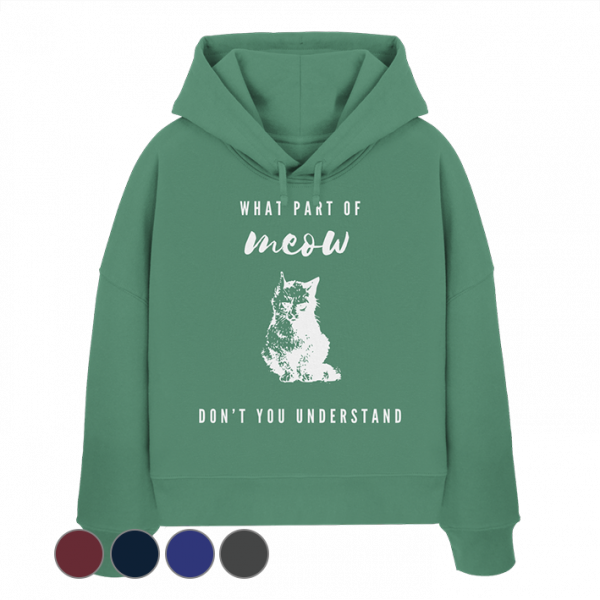 Katzen Hoodie Damen Spruch grün mit weißem Meow Print minimalistisches Katzenmotiv
