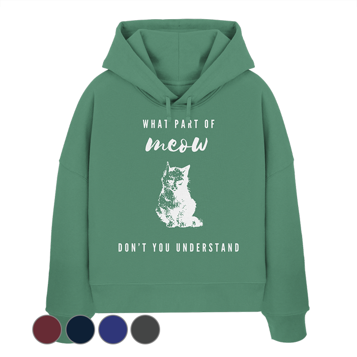 Katzen Hoodie Damen Spruch grün mit weißem Meow Print minimalistisches Katzenmotiv