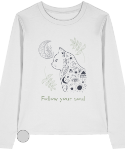Weißes Katzen Longsleeve Damen mit spirituellem Follow Your Soul Motiv