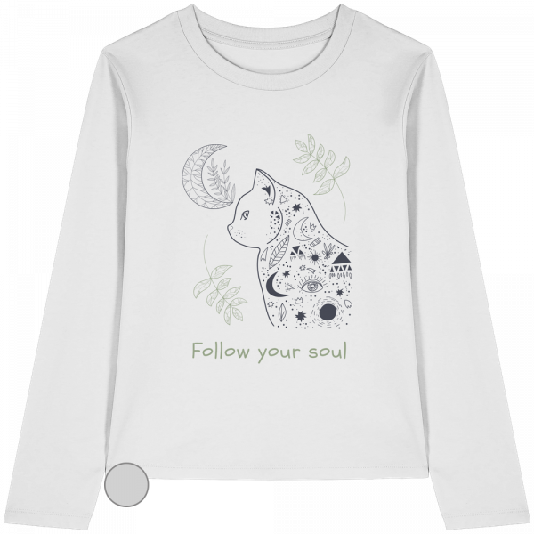 Weißes Katzen Longsleeve Damen mit spirituellem Follow Your Soul Motiv