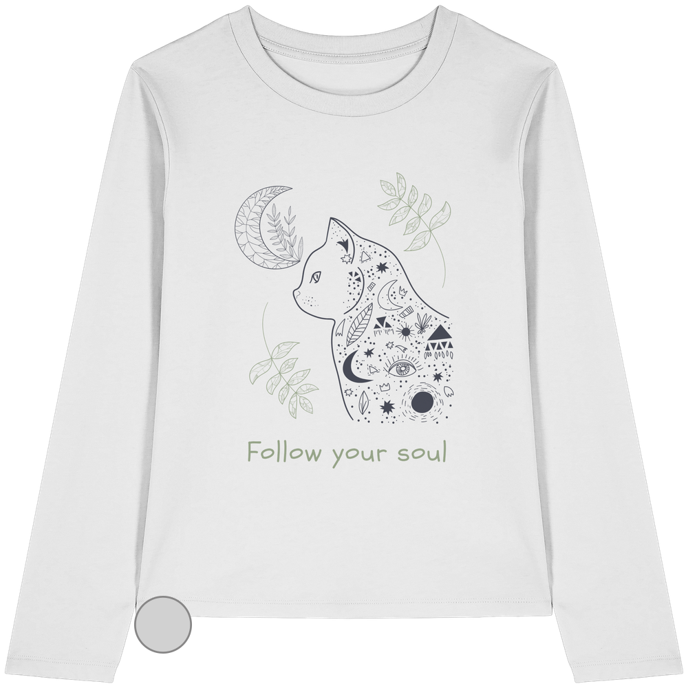 Weißes Katzen Longsleeve Damen mit spirituellem Follow Your Soul Motiv