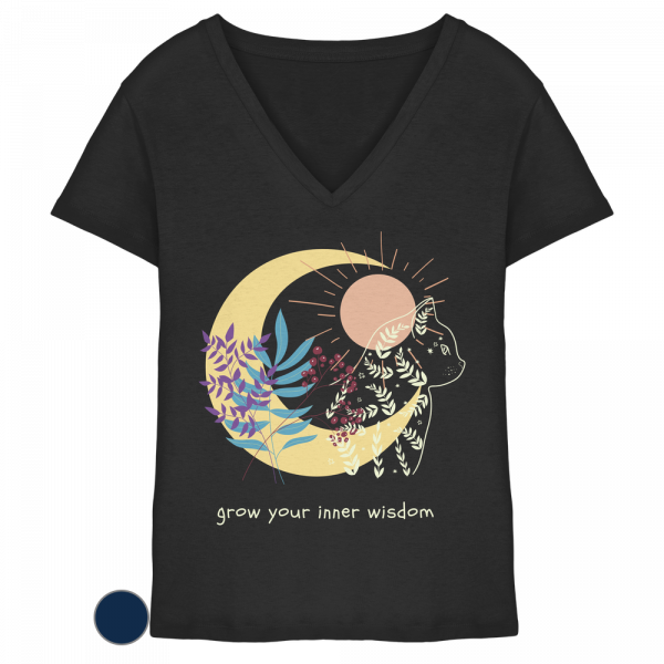 Schwarzes Katzen Shirt Damen mit hellem spirituellen Katzenprint