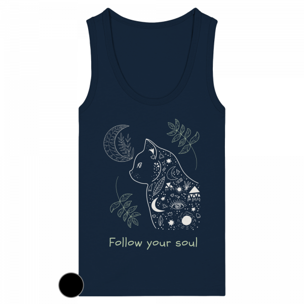 Dunkelblaues Katzen Tank Top Damen mit spirituellem Design und Katze