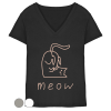 Schwarzes Damen V-Neck T-Shirt mit rosa Katzenmotiv meow aus Bio-Baumwolle von LEODIN Design