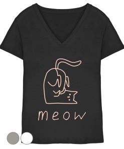 Schwarzes Damen V-Neck T-Shirt mit rosa Katzenmotiv meow aus Bio-Baumwolle von LEODIN Design