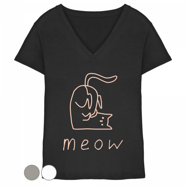 Schwarzes Damen V-Neck T-Shirt mit rosa Katzenmotiv meow aus Bio-Baumwolle von LEODIN Design