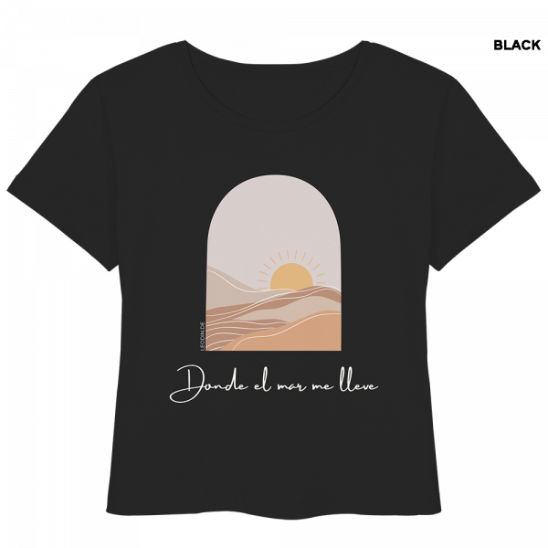 Schwarzes Beach Shirt Damen mit hellem Sonne Meer Design