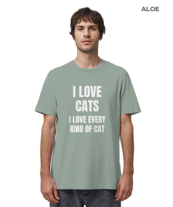Mann trägt graugrünes Cat Lover Statement Shirt mit minimalistischem Katzen Spruch