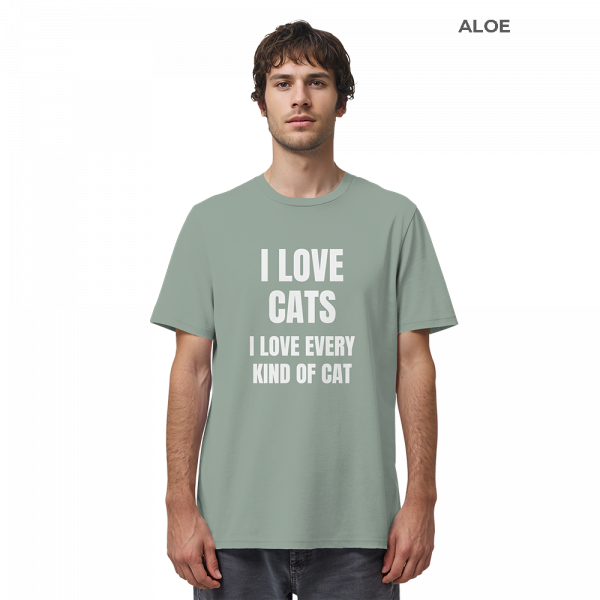 Mann trägt graugrünes Cat Lover Statement Shirt mit minimalistischem Katzen Spruch