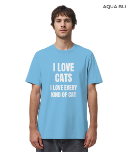 Mann trägt hellblaues Cat Lover Statement Shirt mit minimalistischem Katzen Spruch