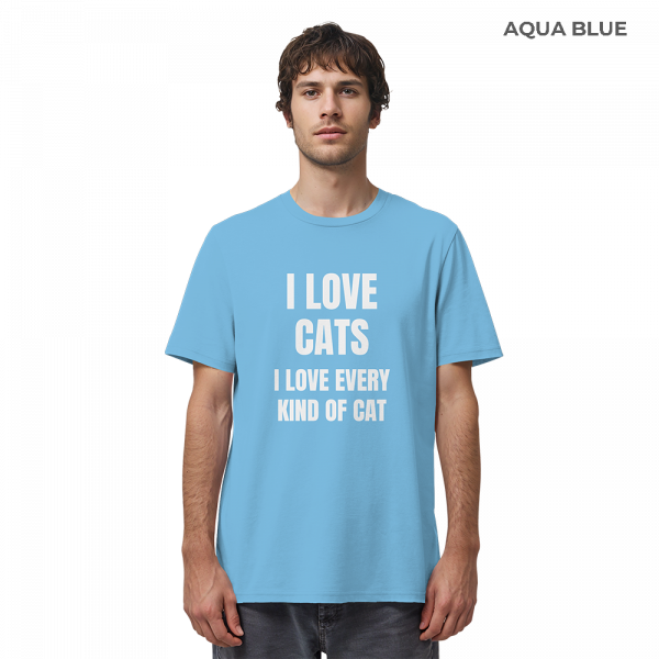 Mann trägt hellblaues Cat Lover Statement Shirt mit minimalistischem Katzen Spruch