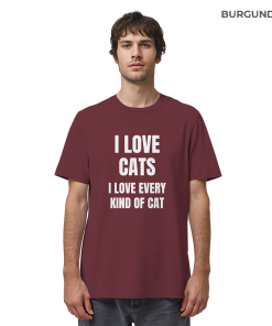 Mann trägt weinrotes Cat Lover Statement Shirt mit minimalistischem Katzen Spruch