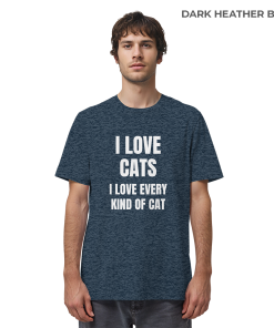 Mann trägt dunkelblau meliertes Cat Lover Statement Shirt mit minimalistischem Katzen Spruch