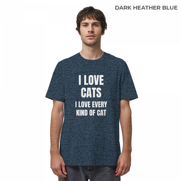 Mann trägt dunkelblau meliertes Cat Lover Statement Shirt mit minimalistischem Katzen Spruch