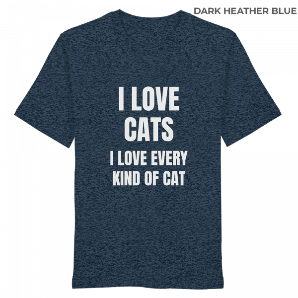 Dunkelblau meliertes Unisex Bio Shirt mit Aufdruck „I love cats I love every kind of cat“ auf weißem Hintergrund