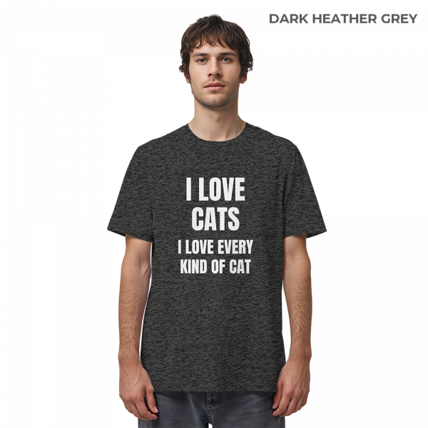 Mann trägt dunkelgrau meliertes Cat Lover Statement Shirt mit minimalistischem Katzen Spruch